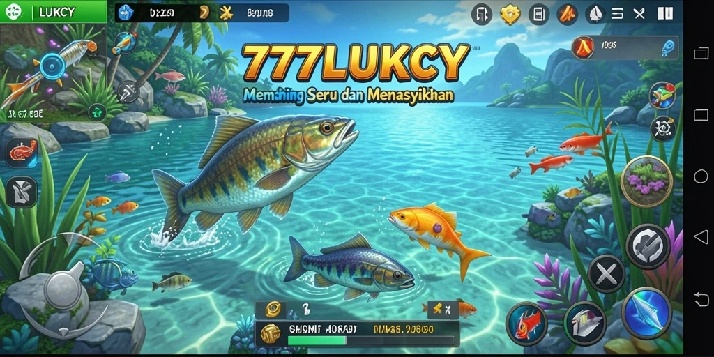Screenshot gameplay 777LUKCY menampilkan aksi seru memancing ikan besar.