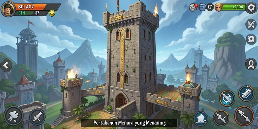 Tampilan gameplay menara pertahanan yang intens dan strategis.