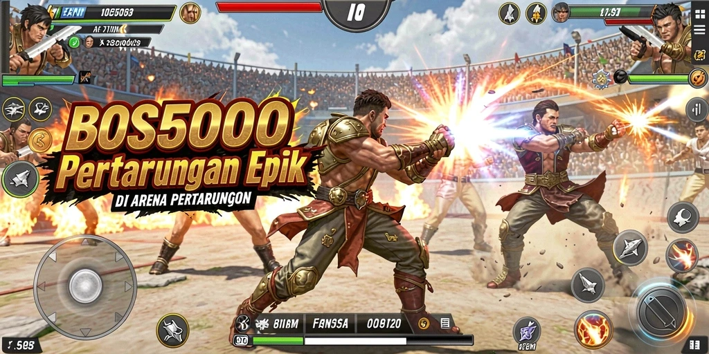 Screenshot gameplay BOS5000 menampilkan pertarungan karakter yang intens.