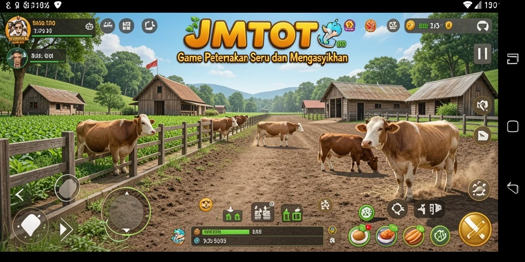 Tampilan gameplay JMTOTO yang menarik dengan aktivitas bertani dan beternak.