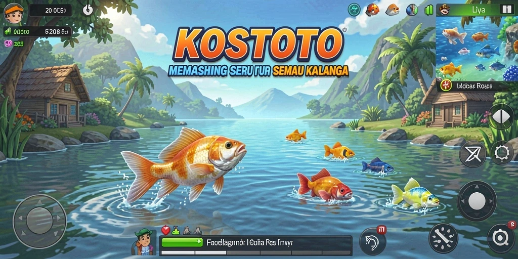 Screenshot utama KOSTOTO yang menunjukkan gameplay memancing yang seru dan menantang.