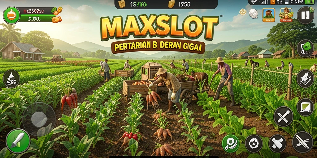 Tangkapan layar permainan MAXSLOT dengan latar pertanian yang indah.
