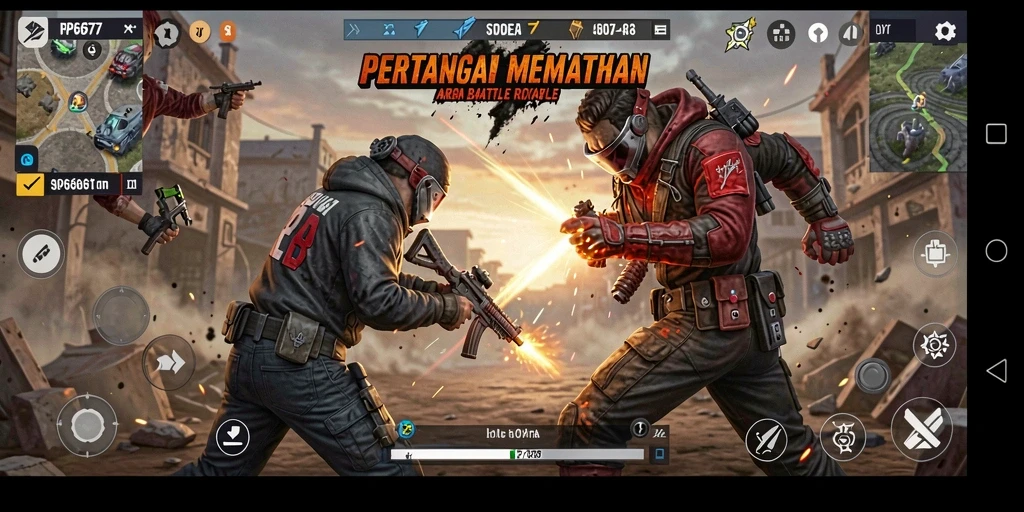 Screenshot gameplay RP6677 menunjukkan pertempuran seru dalam arena Battle Royale.