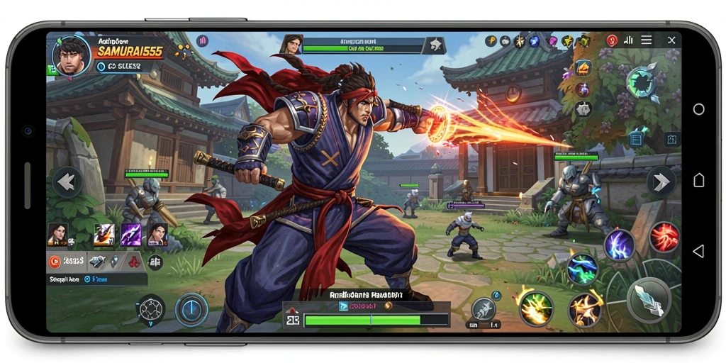 Tampilan gameplay seru dari SAMURAI555 dalam pertarungan MOBA.