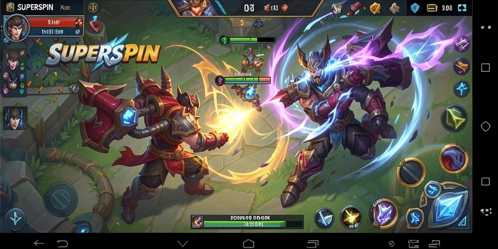 Tangkapan layar gameplay <strong>SUPERSPIN</strong> menunjukkan pertempuran seru yang mendebarkan.