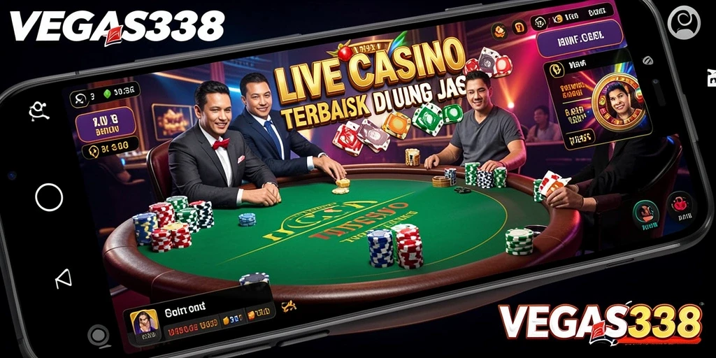 Screenshot gameplay VEGAS338 menampilkan dealer live dan interaksi pemain.