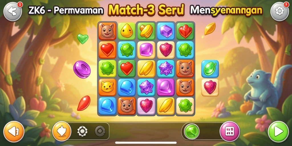 Screenshot ZK6 menampilkan gameplay Match-3 yang penuh warna.